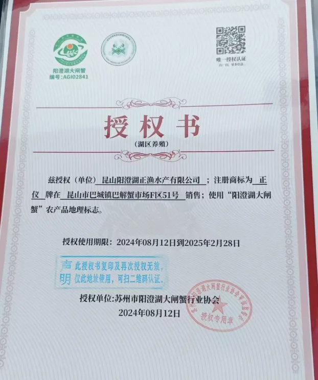 正仪牌阳澄湖大闸蟹 协会授权（品牌授权）